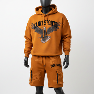 Conjunto de Sudadera con Capucha y Pantalones Cortos de Felpa de Algodón y Poliéster para Hombre, Color Naranja Quemado, con Panel Personalizado y Logotipo Estampado, Estilo Urbano - Product Image 6
