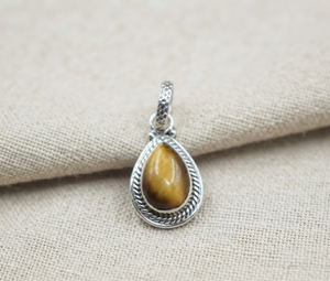 925 Sterling Silver Children's Pear Brown Tiger's Eye Gemstone Pendant Handmade Rope Frame Bezel Charm Rose & Gold Plated Gift - Product Image 1