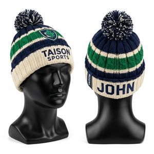 Bonnet de rugby pour femme de haute qualité, 320 GSM, tricot acrylique doux, vert marine à rayures, avec logo brodé. - Product Image 6