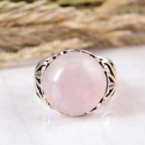 925 Sterling Silver Pink Rose <b>Quartz</b> <b>Ring</b> Boho & Hippie Style Unisex Bezel Setting Statement Jewelry - Product Image 2