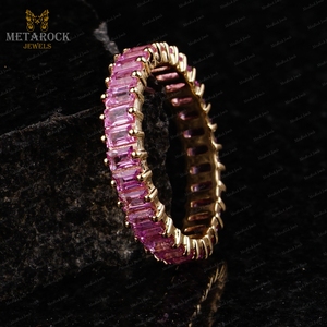 Baguette Cut Genuine Pink Sapphire Gemstone Solid 14k Yellow Gold Handmade Eternity Band <b>Stack</b> <b>Ring</b> Jewelry - Product Image 4