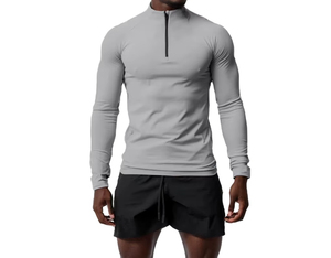 Men's Long Sleeve Stand Collar Quarter <b>Zip</b> Solid Color Quick Dry Slim Fit Sporty Casual <b>Shirt</b> Beige Full Sleeve Knitted - Product Image 2