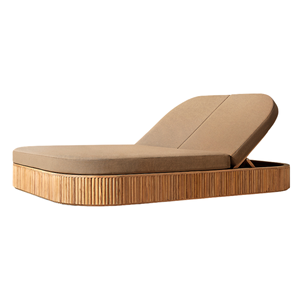 Chaise longue double en teck de qualité supérieure, dossier réglable, rangement dissimulé, base cannelée, coussin moelleux, style moderne, lit de jour d'extérieur - Product Image 1