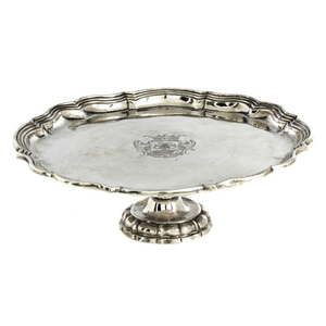 Round Shape <b>Silver</b> Polished Stainless Steel Cake Platter With Embossed Crest And Scalloped Edge Design For Dessert Display - Product Image 1