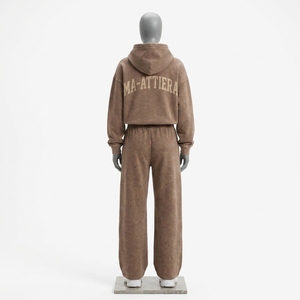 Custom Women Brown Washed Hoodie <b>Wide</b> <b>Leg</b> <b>Jogger</b> Set Cotton Fleece Streetwear Tracksuit OEM Wholesale - Product Image 3