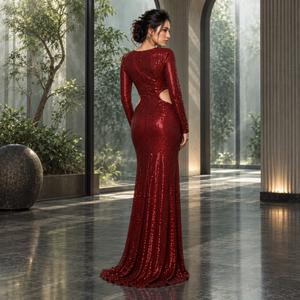 Robe de soirée moulante en sequins bordeaux |   Robe de soirée longue à col rond et manches courtes, avec découpes latérales et fente haute sur le devant, glamour, 100% - Product Image 4