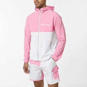 Men's Pink White Color Block Hooded Windbreaker Set Quick Dry Sporty Outerwear Two Piece Shorts Matching Outfit Summer Wear - Product Image 2