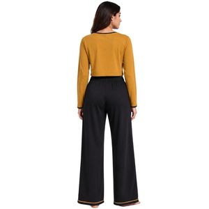Ensemble de détente pour femme Mustard And Black, comprenant un cardigan court à manches longues en maille douce boutonné et un pantalon de pyjama à jambes larges, vêtements de nuit - Product Image 2