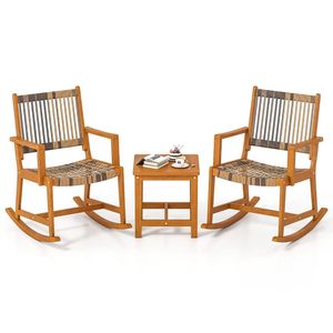 Set da Patio a 3 Pezzi in Legno di Acacia, Sedia a Dondolo con Seduta e Schienale in Rattan - Product Image 4