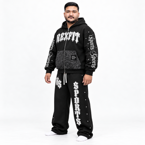 <b>Rhinestone</b> Detail Fleece Tracksuit Full Zip Hooded <b>Jacket</b> Graphic Pocket Panel Relaxed Sweatpants Streetwear Set for Men - Product Image 3