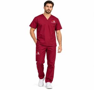 Conjunto de Uniforme Médico Unisex Color Granate con Cuello en V y Manga Corta, Parte Superior e Inferior de Tela Tejida - Product Image 6