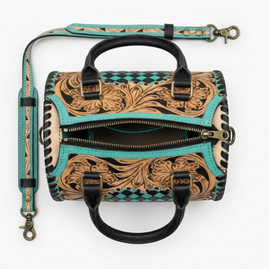 Nouveau Sac de Voyage Weekender en Cuir Véritable Gravé à la Main 2026, Grande Capacité, Motif Floral et Cœur à Carreaux Turquoise - Product Image 4