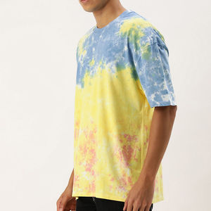 T-shirt à manches courtes pour homme, col rond, coupe classique, en coton tricoté, motif tie-dye jaune, bleu, rose, fabrication artisanale - Product Image 3