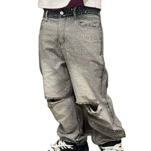 <b>Men</b> <b>Grey</b> Rhinestone Baggy <b>Jeans</b> Distressed <b>Ripped</b> Knee Loose Fit Streetwear Denim Pants For <b>Men</b> - Product Image 1