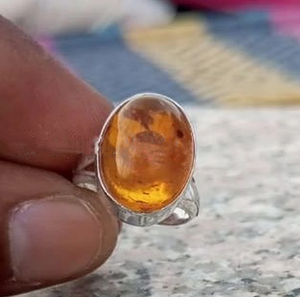Baltic Amber Dainty Wedding Ring 925 Sterling Silver Gemstone Natural Oval Cut Bohemian Style Bezel Setting Fine Ring - Product Image 1
