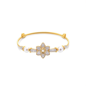 Floral Gold Plated Titanium <b>Bangle</b> <b>Bracelet</b> with Pearl and Diamond Accents - Product Image 2