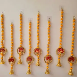 Orange Modern Eco-Friendly Pom Pom <b>Bell</b> Garland with Lotus Flower Wall Hanging Decor Handmade Diwali Door Decoration - Product Image 3