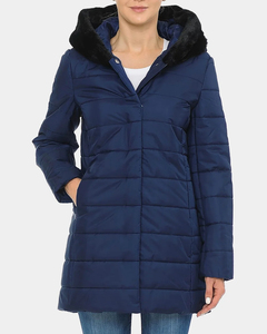 <b>Women's</b> <b>Navy</b> Blue Quilted Puffer Jacket with Faux Fur Hood Warm <b>Winter</b> <b>Coat</b> with Zipper Closure and Side Pockets - Product Image 3