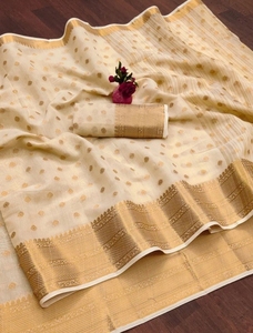 Sari Tradicional KV de Algodón y Seda Gadwal Tejido (Beige Dorado) - Ideal para Fiestas, Sin Arrugas y Reversible, de Secado Rápido, para Otoño - Product Image 4