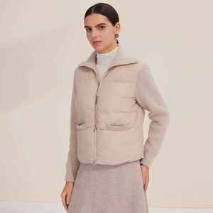 Chaqueta acolchada beige para mujer con mangas de punto desmontables, cierre de cremallera, cuello vuelto, chaleco acolchado para invierno. - Product Image 1