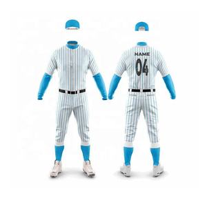 Full Button <b>Men's</b> Baseball Jersey Silk/Nylon Breathable Custom Team Logo Blue Striped Uniform - Product Image 3