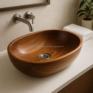 Lavabo de madera Cuenco de madera antiguo Diseño de lujo moderno Lavabo DE ARTE ovalado Lavabo de mano de hotel Baño blanco y dorado - Product Image 6