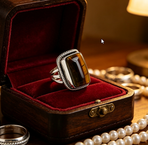 Art Palace Tiger Eye Natural Gemstone <b>Ring</b> 925 <b>Silver</b> Plated Emerald Cut Geometric Rustic Style Unisex Jewelry - Product Image 3