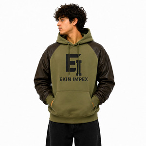 เสื้อฮู้ดผู้ชายแขนหนัง PU สกรีนลายสตรีทแวร์ลำลอง - Product Image 3