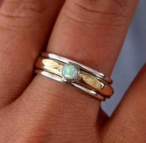 925 Sterling <b>Silver</b> Natural Ethiopian <b>Opal</b> Spinner <b>Ring</b> Two Tone Brass Hammered Wide Band Fidget <b>Ring</b> - Product Image 4