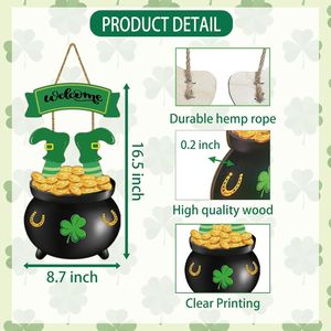 Decorazioni da parete per la festa di San Patrizio, ghirlanda in legno da appendere alla porta con barattolo di monete dorate, decorazioni per l'ingresso principale con leprecauno. - Product Image 2
