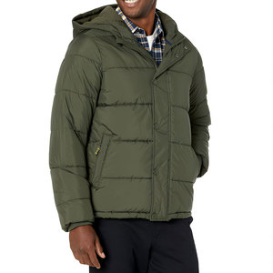 Blouson matelassé à capuche pour homme, vert olive, avec poches avant, boutons recouverts, décontracté et épais - Product Image 1