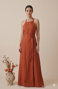 Halter Neck Linen Maxi <b>Dress</b> Vintage Solid Color Loose Sheath Sleeveless Natural Waist Breathable Woven Summer Casual Minimalist - Product Image 4