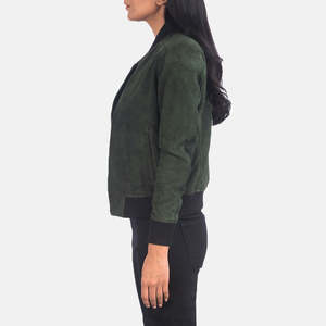 <b>Women's</b> Green <b>Suede</b> Bomber <b>Jacket</b> Full Sleeve Stand Collar Zipper Closure Autumn Wear Fashionable <b>Women</b> <b>Jackets</b> - Product Image 4