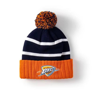 Okc Thunder Beanie <b>Hat</b> Unisex <b>Winter</b> Knit Cap with Embroidered Logo and Pom Pom Orange Navy Striped Adult Size - Product Image 1
