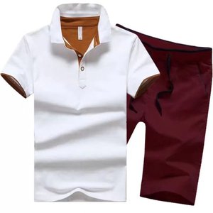 Men's Cotton <b>Polo</b> Shirt Set Solid Color Breathable Casual Summer Wear Gray <b>Orange</b> Trim Black Shorts - Product Image 5