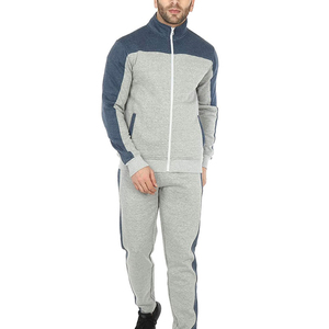 Ensemble de survêtement pour homme gris et bleu marine avec blocs de couleur, manches longues, fermeture éclair sur le devant, pantalon de jogging décontracté avec poches latérales, respirant, pour l'automne - Product Image 1