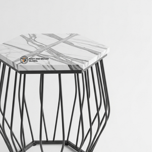 Mesa de Centro de Lujo de MDF Blanco y Madera Maciza, Forma Hexagonal, Taburete de Metal con Recubrimiento de Polvo Negro, Minimalista, para Dormitorio o Entrada - Product Image 2