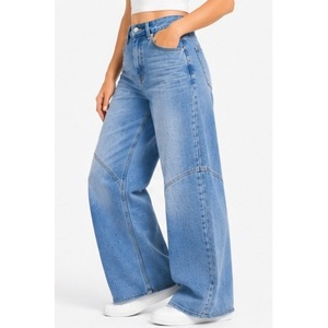 Jean taille haute pour femme à jambe large avec détail de couture incurvée au genou - Ecru naturel - Product Image 2