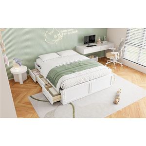 Lit plateforme blanc Queen Size avec 6 tiroirs, cadre en bois et revêtement en tissu - Product Image 6