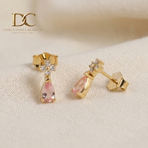 Pendientes de Oro Amarillo Sólido de 14 Quilates con Diamante Cultivado en Laboratorio Certificado por IGI y Zafiro Padparadscha para Mujer, Regalo para Cualquier Ocasión - Product Image 3