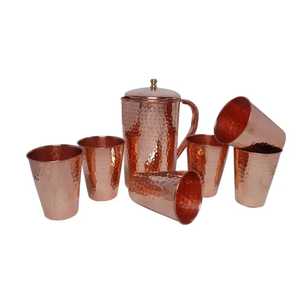 Hammered Copper Pitcher with Lid and 6 Tumblers Eco Friendly Rustic <b>Drinkware</b> Set for Water Juice Use - Product Image 1
