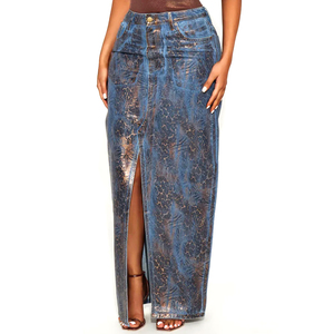 Jupes et pantalons en similicuir bleu texturé tendance – Jupe longue moulante à taille haute avec fente avant, style clubwear pour femme - Product Image 1