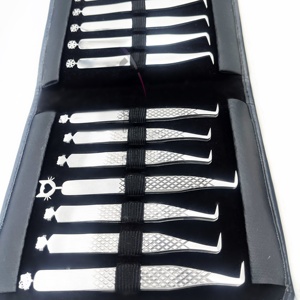 Kit de pinces à épiler RMI noir/blanc 14 pièces / Acier inoxydable, poignée diamantée/entièrement brillante, pour extensions de cils - Product Image 5