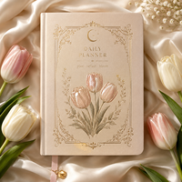 Agenda quotidien LABON personnalisé en cuir avec motif tulipe et perles, dorure céleste, couverture rigide, organiseur hebdomadaire esthétique