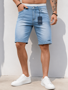 Pantalones Cortos de Mezclilla para Hombre F2WIN, Lavado Claro, Corte Recto, Formales, de Verano, con Bolsillos, Cintura Media, Transpirables, de Punto, Spandex/Algodón, de Secado Rápido - Product Image 4
