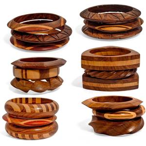 Handmade Carved Wood <b>Bangle</b> <b>Set</b> Artisanal Inlay Art Sisso Sheesham & Saffron Teak Hexagonal & Inlaid Designs Satin Polish - Product Image 2