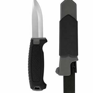 Cuchillos de exterior de hoja fija en negro y gris con hoja plateada, agarre ergonómico texturizado, funda protectora y presilla para cinturón - Product Image 6