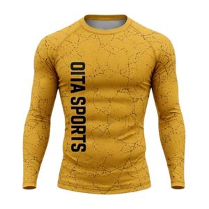 Maillot de compression à manches longues jaune doré, imprimé craquelé, respirant, sublimé, pour entraînement sportif et gym - Product Image 1