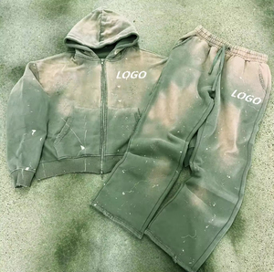 Custom Heavy Weight Vintage Cotton Crop Hoodies Unisex Manufacturers Acid Wash distress Embroidery Hoodie and <b>Sweatpants</b> <b>Set</b> - Product Image 2