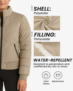 Chaqueta acolchada transpirable con logotipo personalizado OEM para mujer, chaqueta acolchada beige, ropa de abrigo elegante para invierno con bolsillos con cremallera. - Product Image 5